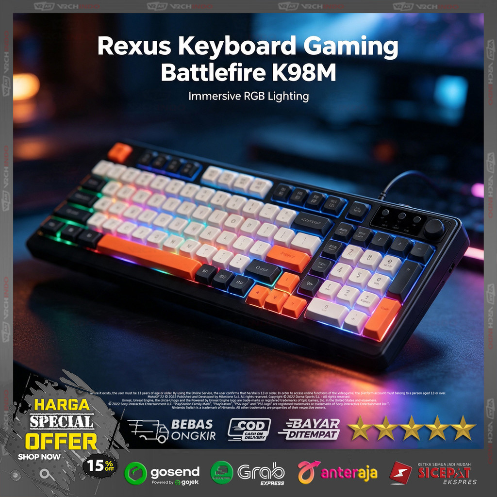 Rexus K98M 98-Key USB PC 19 Anti-Ghosting Gaming Keyboard / ไฟแบ็คไลท์ RGB / เมมเบรน