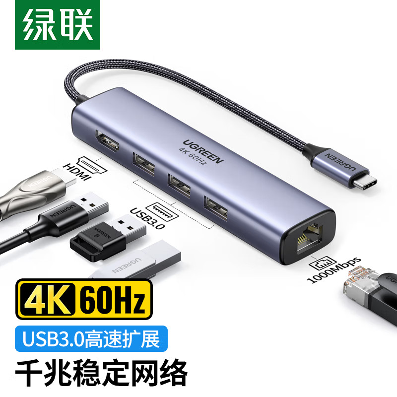 Green Link CM475 Type-C Docking Station to HDMI 4K60Hz หน้าจอการฉายภาพพอร์ตเครือข่าย Gigabit เป็น HU
