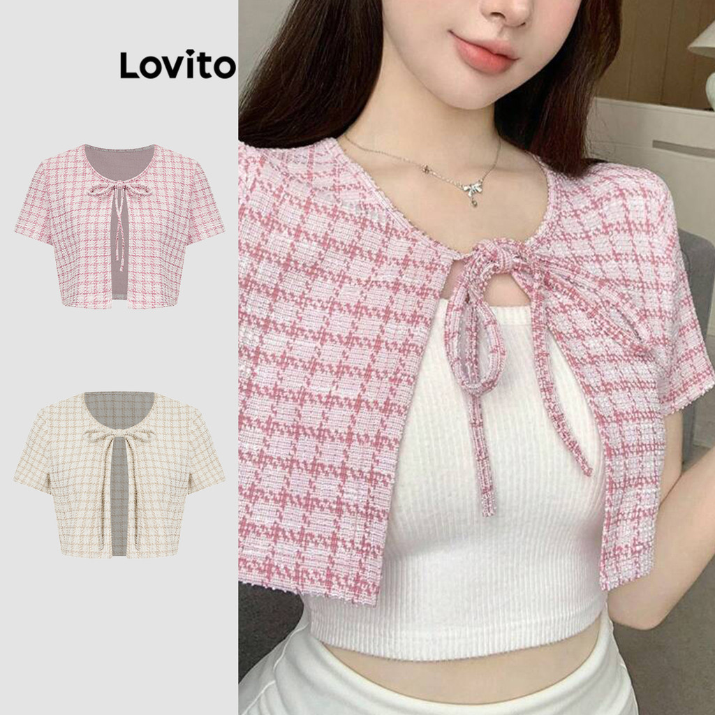 Lovito สง่างาม ฤดูใบไม้ผลิและฤดูร้อนเสื้อผูกด้านหน้าพื้นผิวผ้าลายสก๊อตลูกไม้ขึ้นเสื้อผู้หญิง เกาหลี 