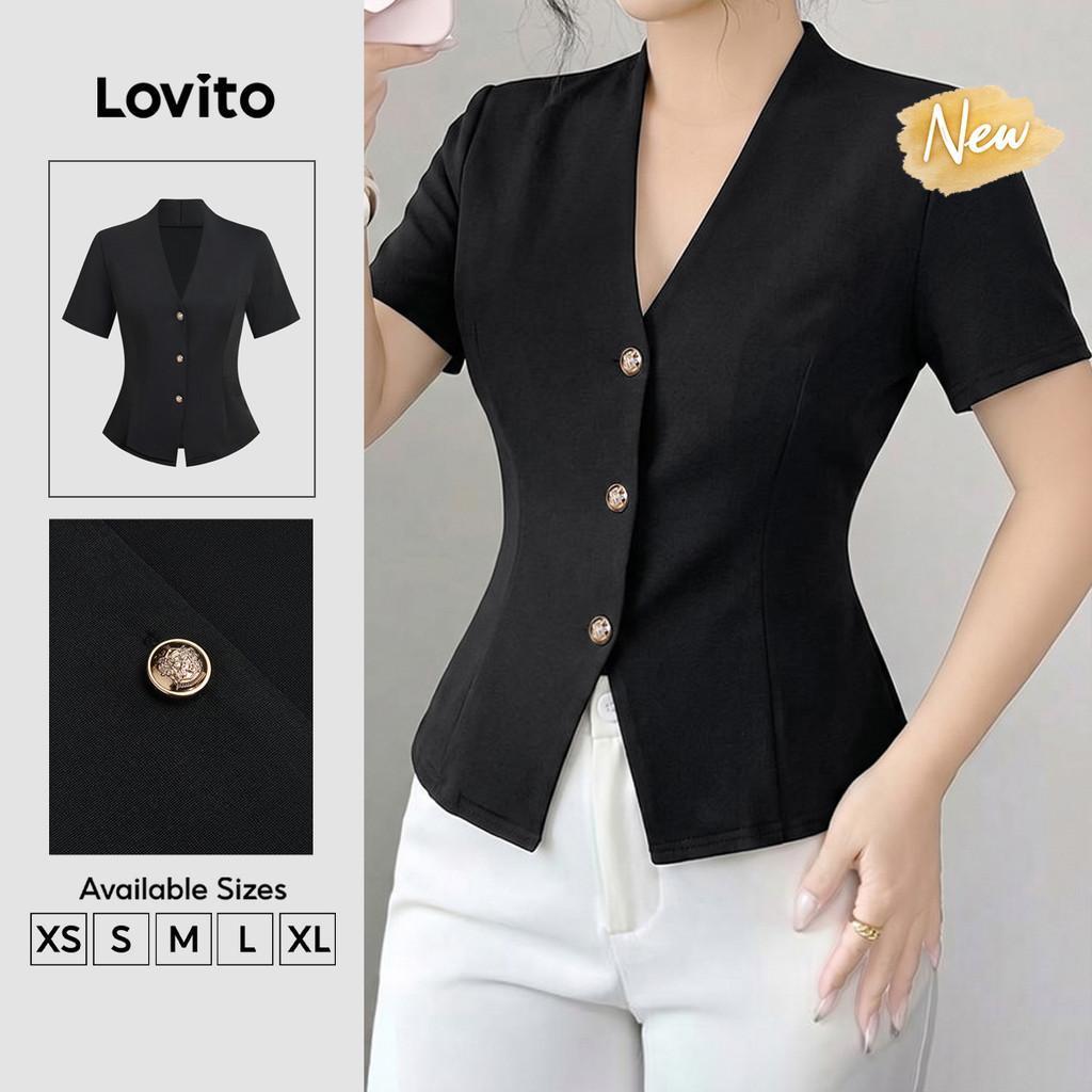 (New Arrival) Lovito เสื้อยืดผู้หญิงสีดําหรูหราพร้อมกระดุม เหมาะสําหรับฤดูใบไม้ผลิ/ฤดูร้อน TSB201P1D210