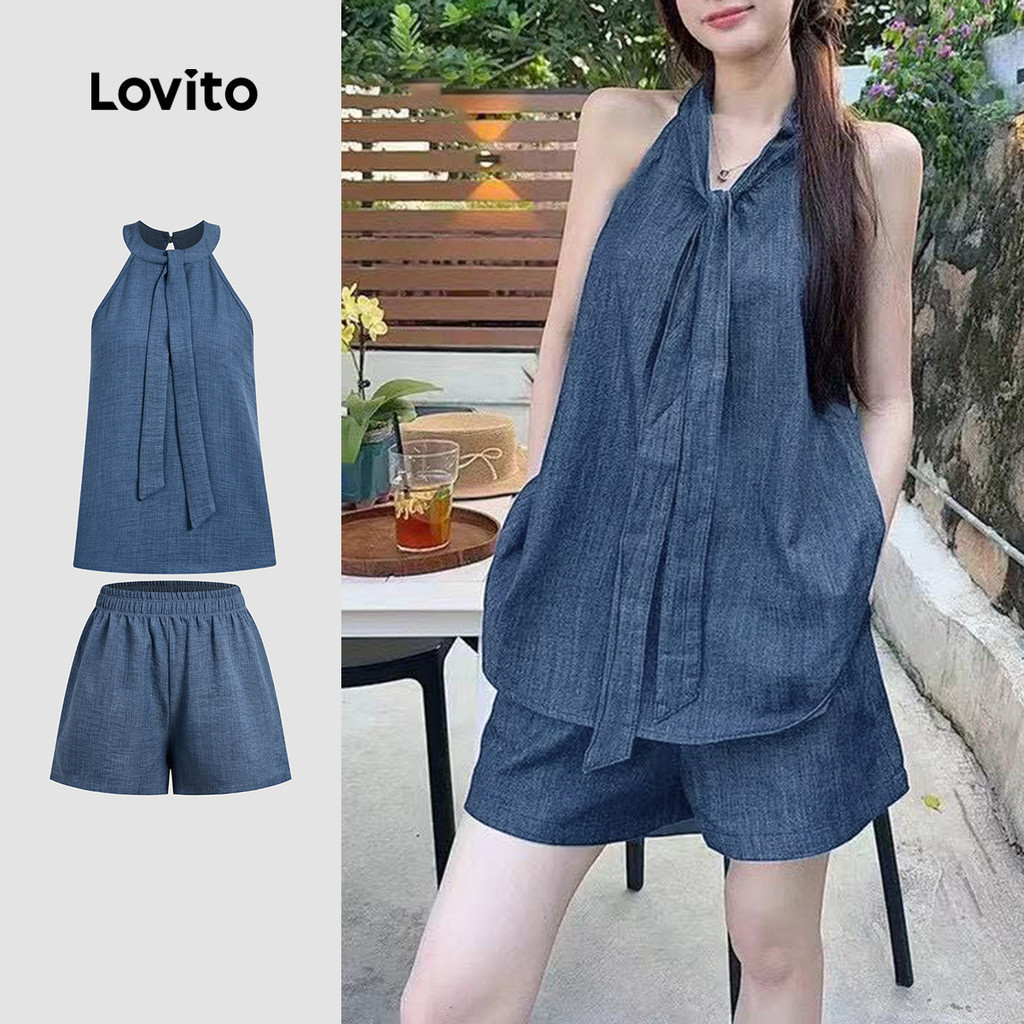 Lovito แคชชวล ชุดกางเกงขาสั้นลายลูกไม้สำหรับเด็กผู้ชาย สีกรมท่า สำหรับฤดูใบไม้ผลิ/ฤดูร้อน L142LD230