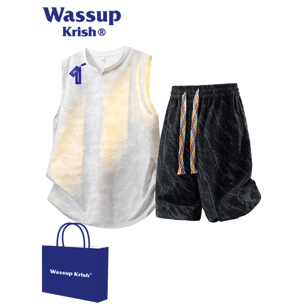 WASSUP KRISH Tie-Dye แขนกุดชุดลําลองผู้ชายฤดูร้อนกีฬาเสื้อกั๊กกางเกงขาสั้นทั้งชุดวัยรุ่น