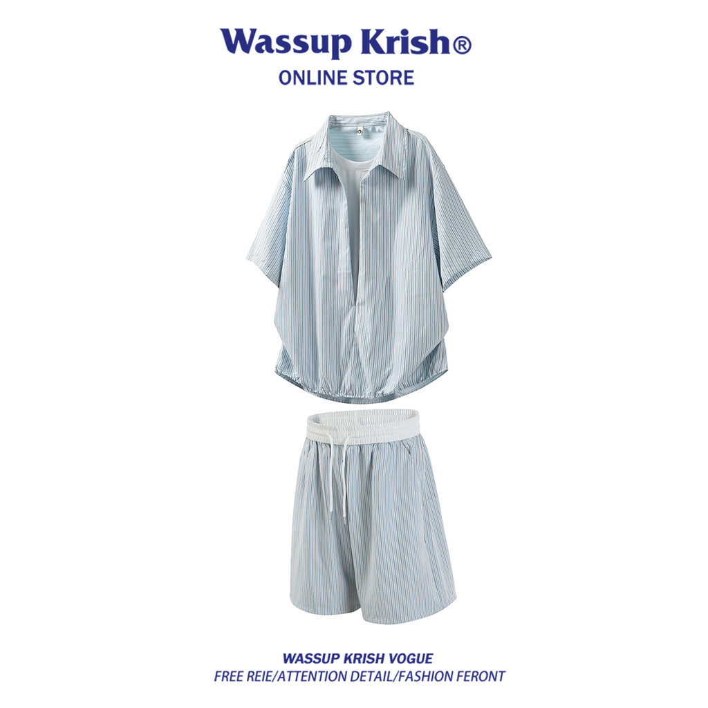 WASSUP KRISH แนวตั้งลายชุดลําลองผู้ชายฤดูร้อนปลอมสองชิ้นเสื้อคอวีแขนสั้นกางเกงขาสั้นหนึ่งชุด