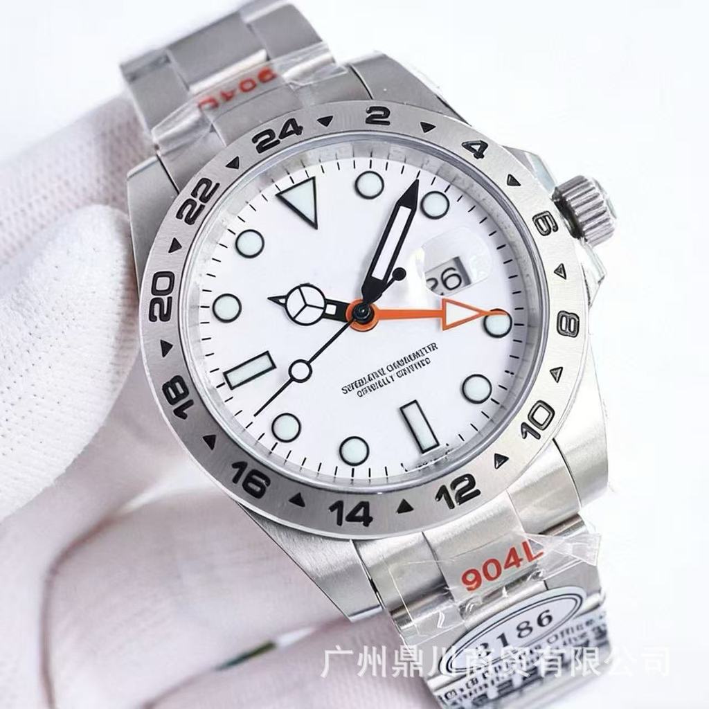 V7 โรงงาน Explorer ประเภทสองนาฬิกาผู้ชายพื้นผิวสีขาว Explorer GMT Greeny Cola แหวนน้ําสีดํา Ghost Me