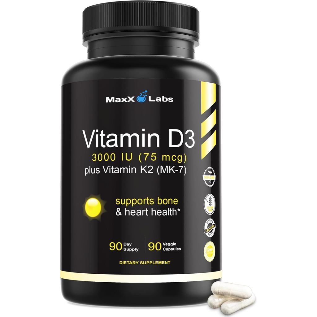 วิตามินดี3 K2 3000 IU พร้อมวิตามินซีเป็น MK-7 จากนัตโตะ ไม่ใช่จีเอ็มโอ 90 Ct |  อาหารเสริมวิตามินดีร