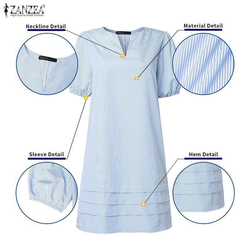 ZANZEA ใส่ ซานเซีย แฟชั่นสตรีวันหยุดสไตล์เกาหลี-ลําลองพัฟแขนลายคอวีทอติดตั้ง ชม.-เส้น ชุด ... — صورة 7
