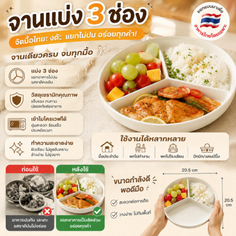 【ไมโครเวฟได้】 สินค้าขายดี จานแบ่งอาหารแบบไทย 3 ช่อง ถาด จานผลไม้ จานอาหารเช้า ใช้ในครัวเรือน