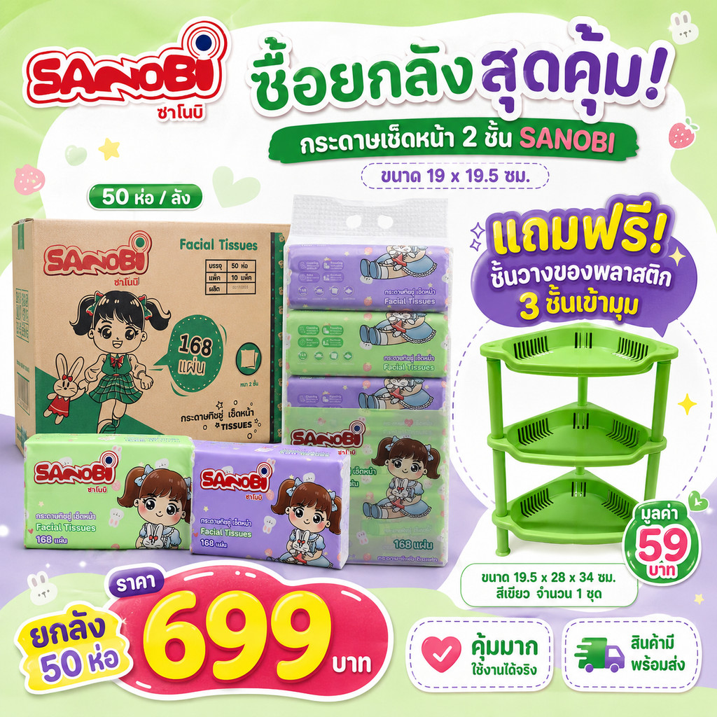 รุ่น 168 แผ่น : 1 ลัง มี 10 แพ็ค 50 ห่ออ SANOBI Facial Tissue กระดาษทิชชู่เช็ดหน้า ทำความสะอาด
