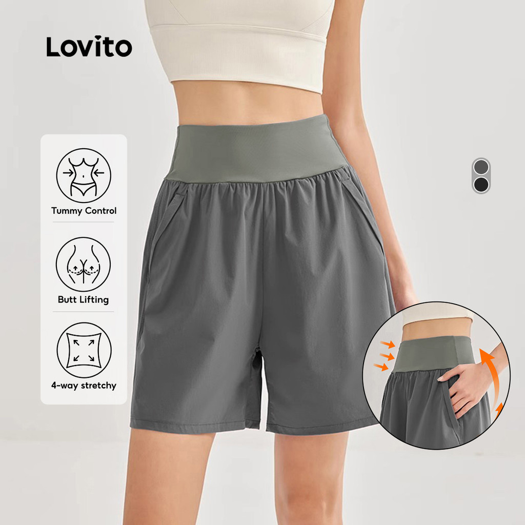 Lovito แคชชวล ชортиกีฬา ไม่มีรอยเย็บหน้า ป้องกันการเปิดเผยไม่จำเป็น ควบคุมท้อง แช่แห้งรวดเร็ว วิ่งสำหรับผู้หญิง เกาหลี อินเทรนด์ LNE116X013