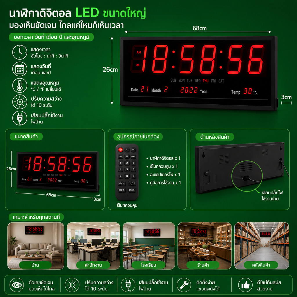 นาฬิกาดิจิตอล  JH6826 ขนาน 68.5*26*3CMนาฬิกาตั้งโต๊ะ LED DIJITEL