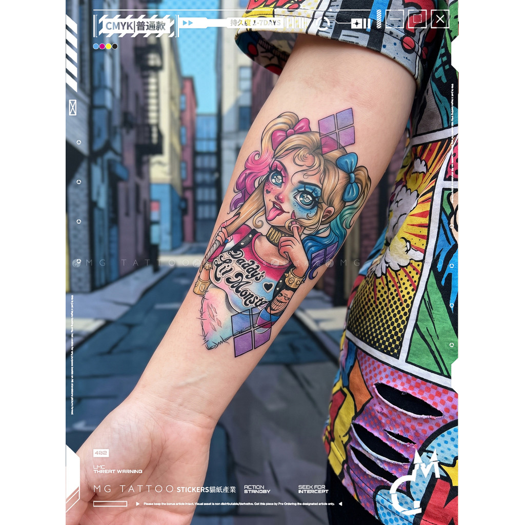 MG tattoo Harley Quinn Harley Quinn Harley Quinn DC American oldschool สีสัน Retro ดอกไม้แขนสักสติกเ