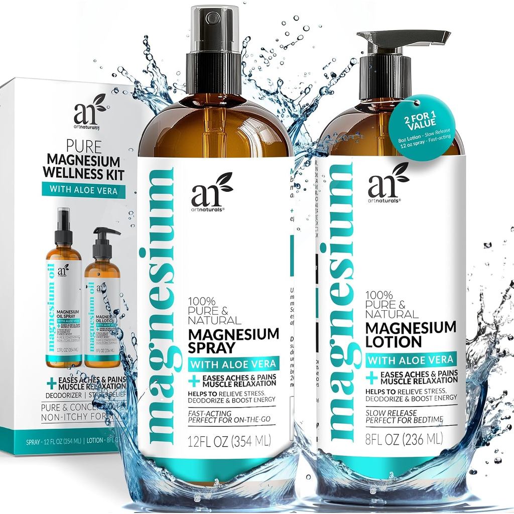 ArtNaturals Magnesium Oil Spray 12 oz + Body Massage Lotion Set 8oz for Feet & - Extra Strength Crea