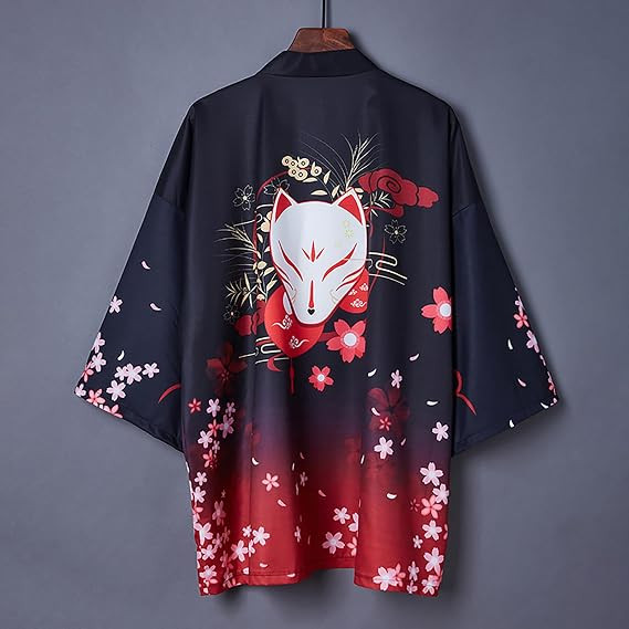 Japanese Kitsune Fox-Mask Haori Kimono Open-Front Cardigan, Casual Street-Style Outerwear
