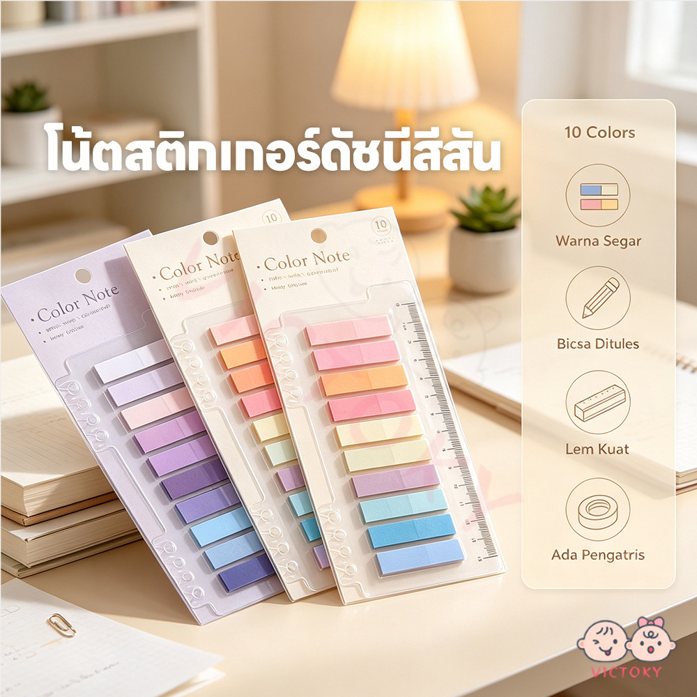 VICTOKY ดัชนีคั่นหน้า10 สี คั่นหนังสือมีแถบกาว แบบไม้บรรทัด Sticky Notes Index เขียนได้ ที่คั้นหนังสือ