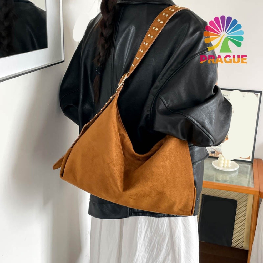 Matte Suede Bag Retro Suede Shoulder Bag Women Punk Rivet Shoulder Handbag
