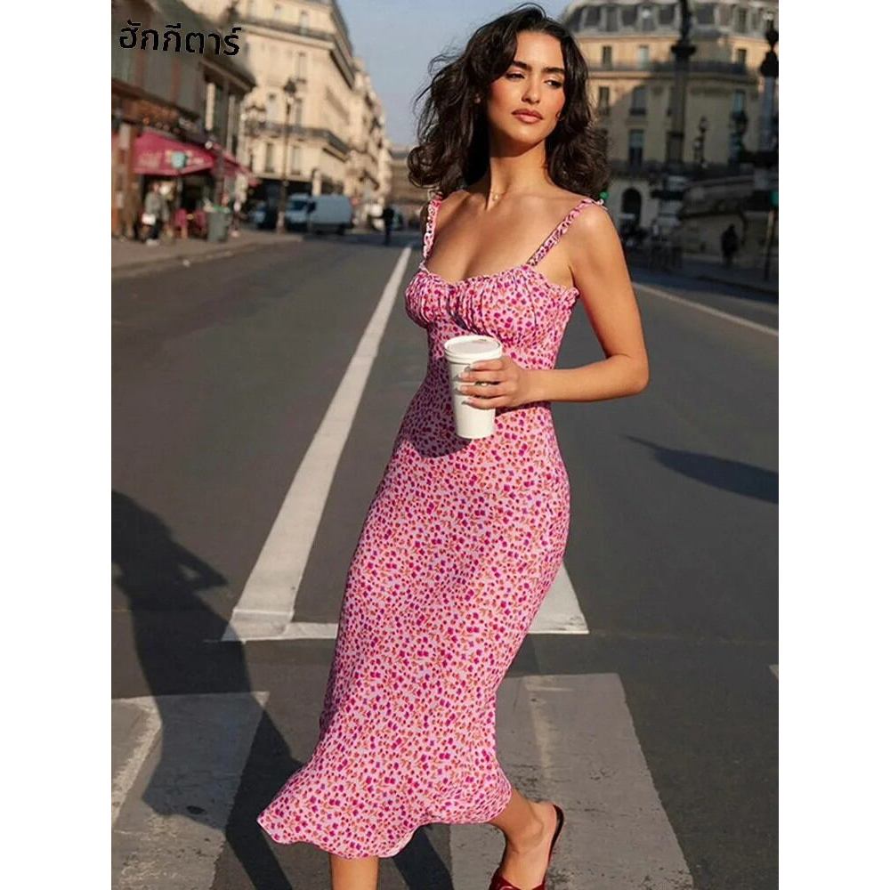 25% Hugcitar Ruffle ดอกไม้พิมพ์ Backless Slip Draped Midi ชุดเซ็กซี่ Slim 2025 ฤดูร้อนชุด Streetwear