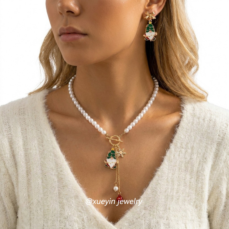 XueYin พราว Bell Pearl Choker สร้อยคอชุดต่างหูสําหรับผู้หญิง Gnome จี้ Glamorous สไตล์คริสต์มาส