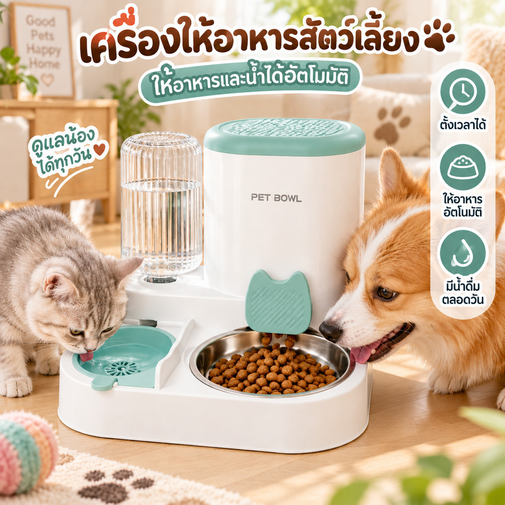 เครื่องให้อาหารสัตว์เลี้ยงอัตโนมัติ ไม่ใช้ไฟฟ้า สำหรับแมว หมา ความจุใหญ่ ชามให้อาหารสัตว์เลี้ยง ไปเที่ยวไม่ต้องกังวล