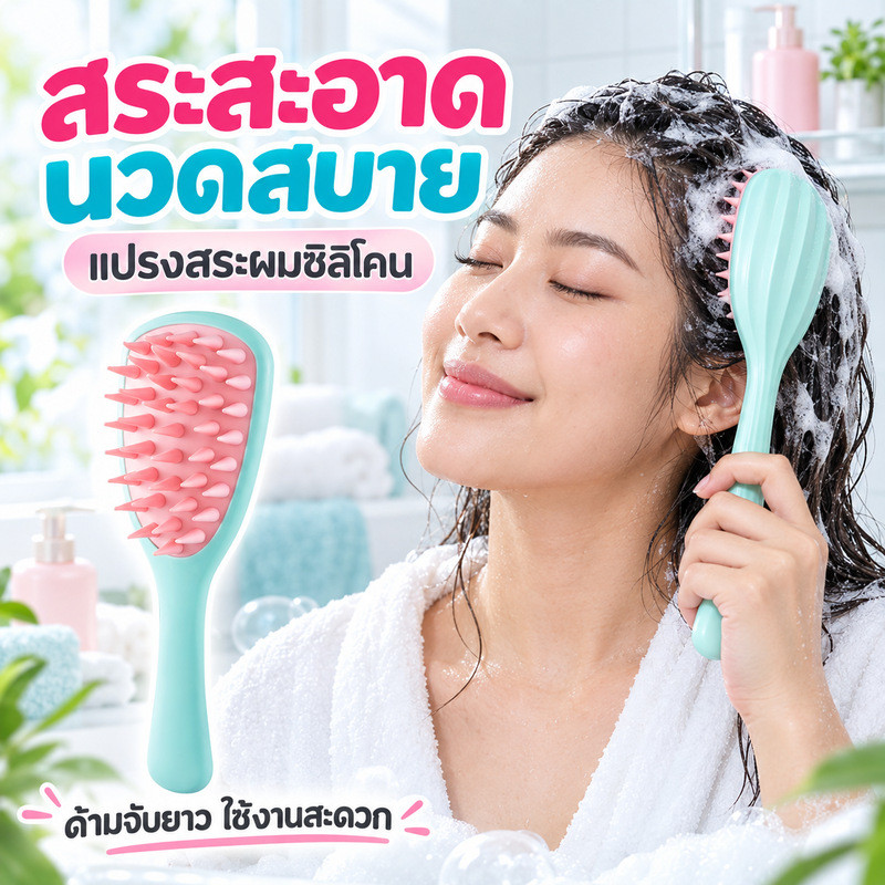 แปรงสระผมซิลิโคน นวดหนังศีรษะ แปรงนวดหัว หวีสระผม ซิลิโคนนุ่ม ด้ามยาว ใช้ได้ทั้งผมแห้งและเปียก