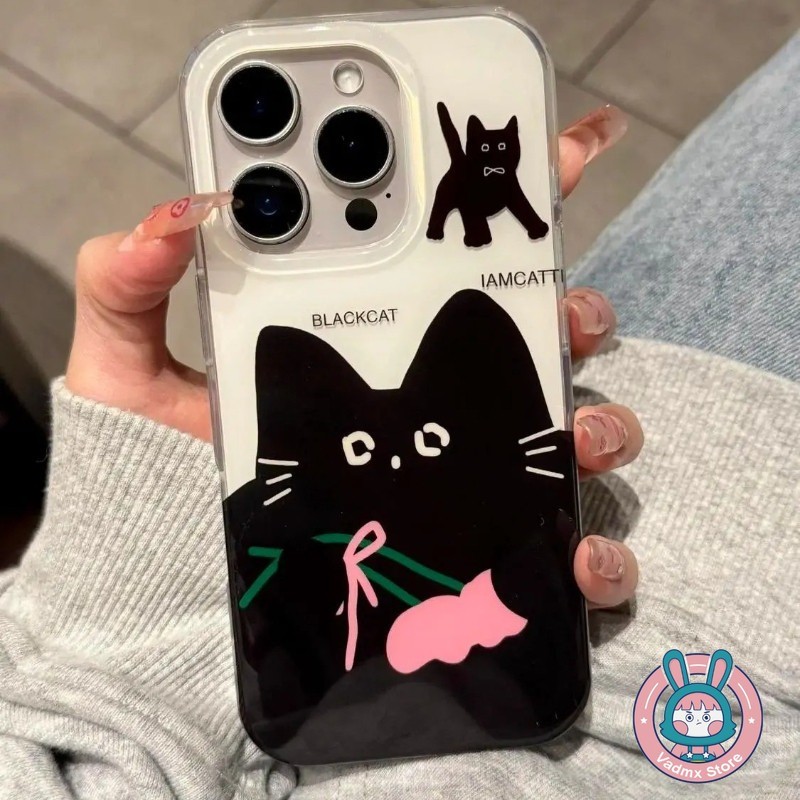 แมวดําการ์ตูนเคสโทรศัพท์สําหรับ iQOO 13 12 11 11S 7 Neo 10R Neo10 Neo9 Neo8 Pro Neo7 Neo6 Neo5 SE Ne