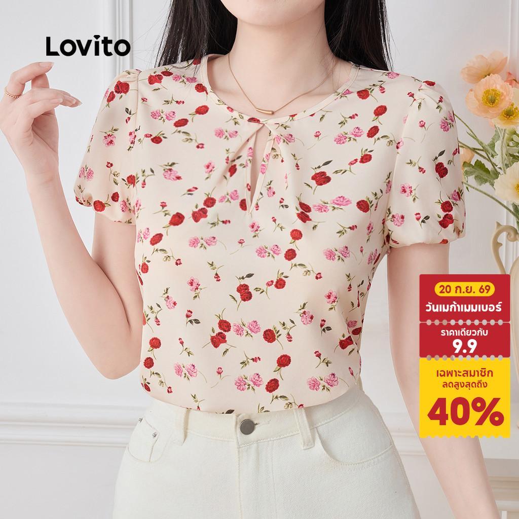 Lovito เสื้อเบลาส์โบโฮ ผ่าฉลุ ลายพลีต สําหรับฤดูใบไม้ผลิ/ฤดูร้อน เกาหลี อินเทรนด์ L183AD185