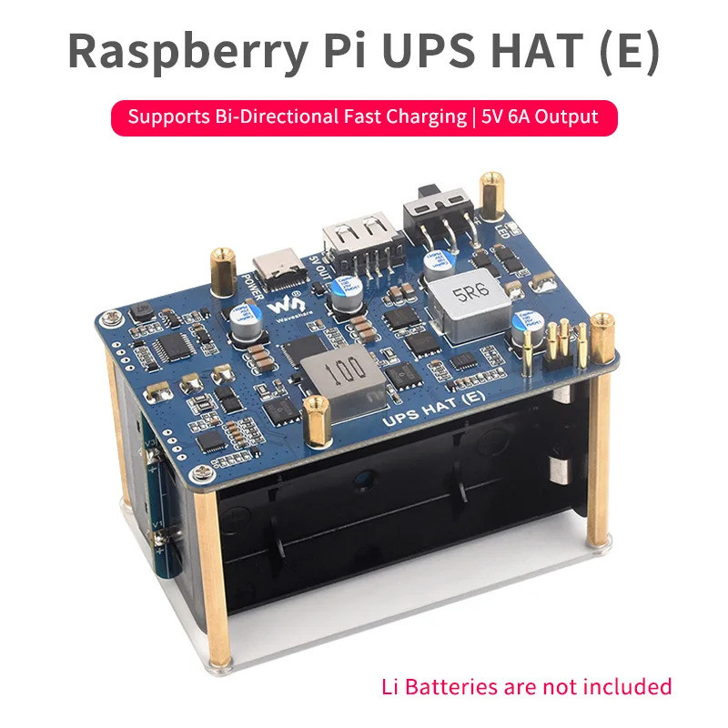 Raspberry Pi 5 UPS HAT (E) 5V 6A เครื่องสํารองไฟรองรับแบตเตอรี่ 4x21700 Li (ไม่รวม) ขั้วต่อ Pogo Pin