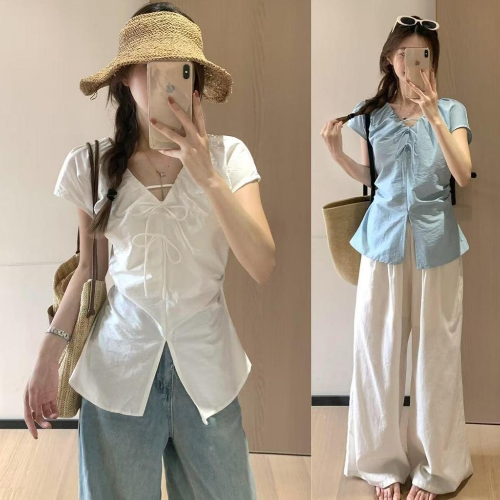 Chili Koko เสื้อเชิ้ตแขนสั้นสำหรับผู้หญิง สไตล์ลำลองฤดูร้อน เสื้อเชิ้ตแขนหลวม จับคู่กับท็อปส์ซู แฟชั่น 99200