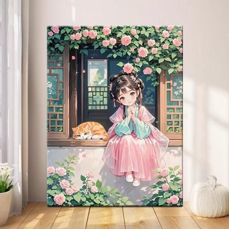 【70x90cm-11CT】2025 รูปแบบใหม่ ปักครอสติส สาวน่ารัก แมว สันทนาการ สไตล์ เย็บปักถักร้อยมือ