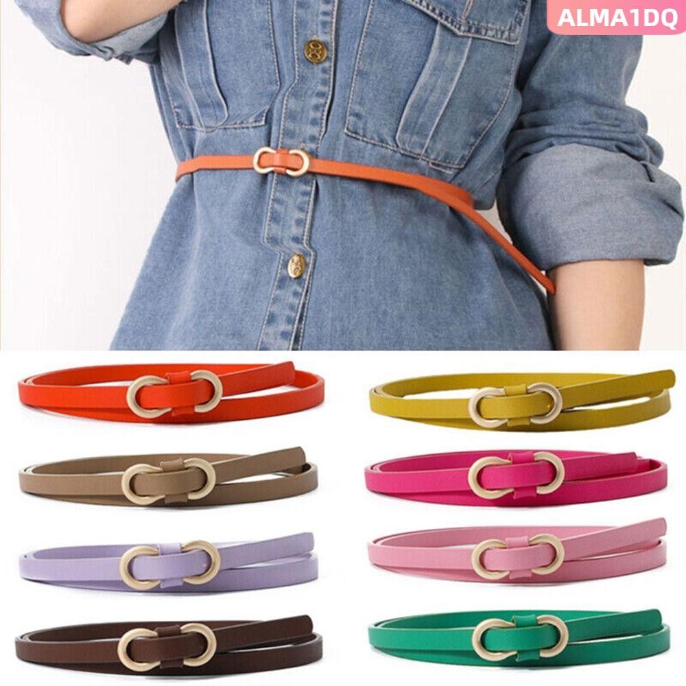 ALMA1DQ เข็มขัดหัวเข็มขัด 8 รูปแฟชั่นวินเทจสีทึบสายเอวบาง