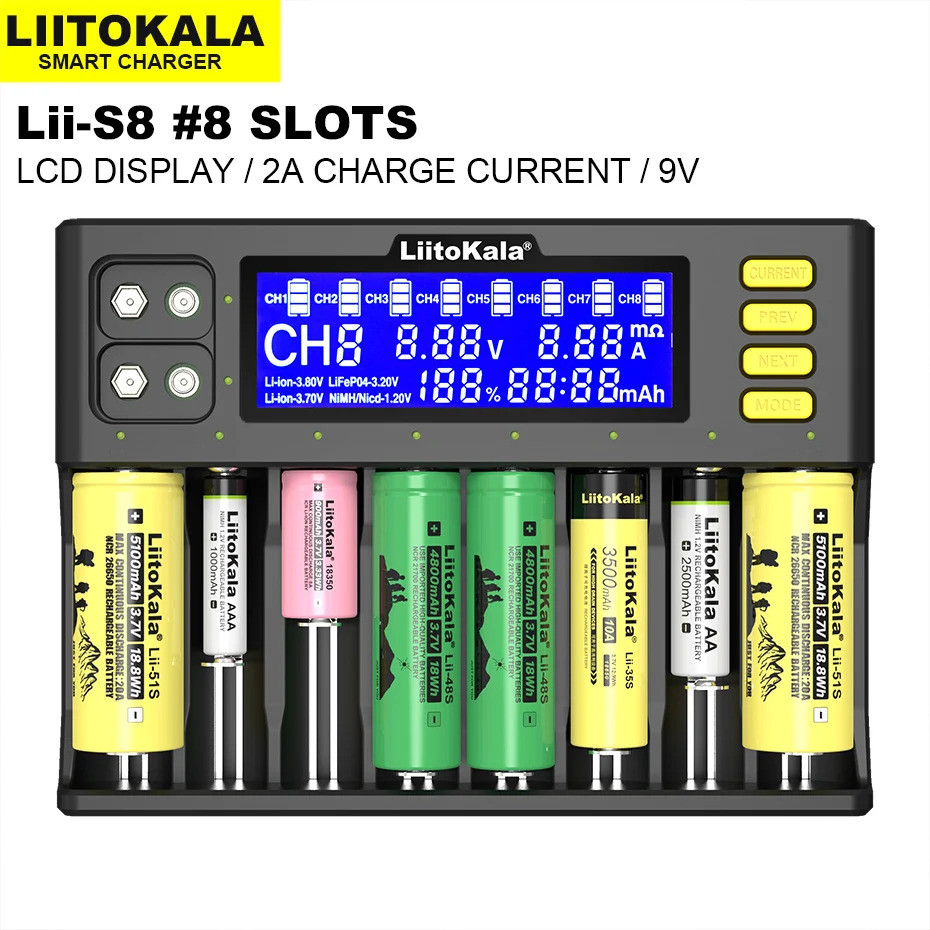LiitoKala Lii-S8 Charger สําหรับ 18650 3.7V Li-ion NiMH 1.2V 9V Li-FePO4 3.2V IMR 3.8V 26650 21700 2