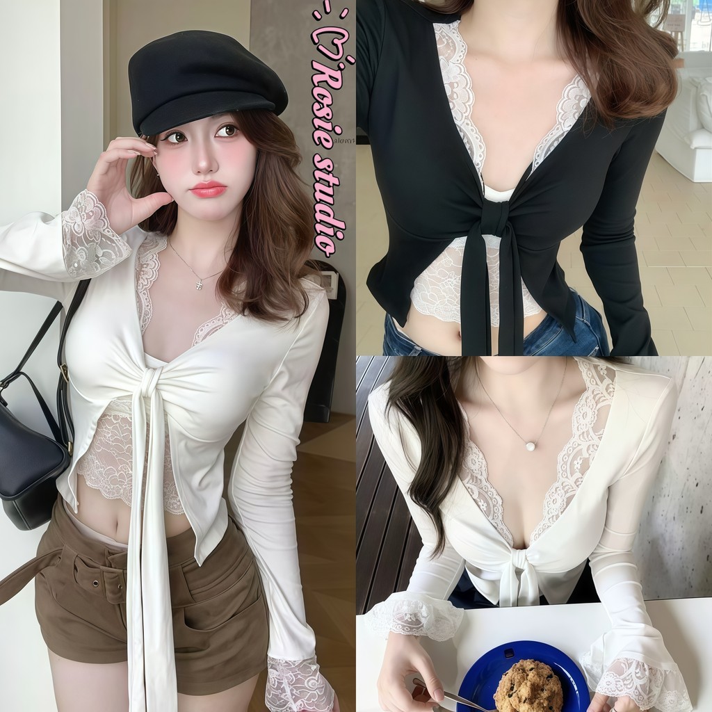 Rosie🧊พร้อมส่ง🎧เสื้อยืดแขนยาวคอวี มีเชื่อกผูกโปว์ได้ เสื้อลูกไม้สองชั้นติดกัน หรูเริ่ดทรงเข้ารูปเซ็กซี่แฟชั่นสาวเกาหลี