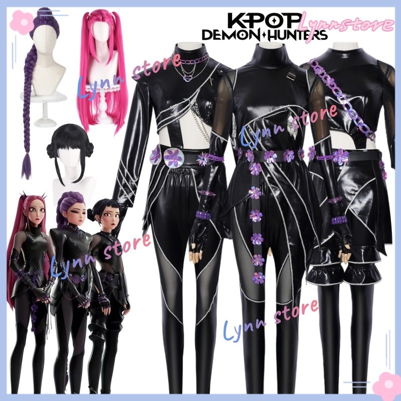 ชุดคอสเพลย์เด็กและผู้ใหญ่ RUMI ZOEY MIRA DEMON HUNTERS สไตล์ K-pop พร้อมหนังสีดำสำหรับฮาโลวีนและคาร์เนวาล