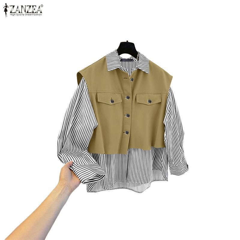 ZANZEA เสื้อหลวมสตรีทสไตล์สำหรับผู้หญิง แขนยาว ลายทางตัดกันและปักงานฝีมือ