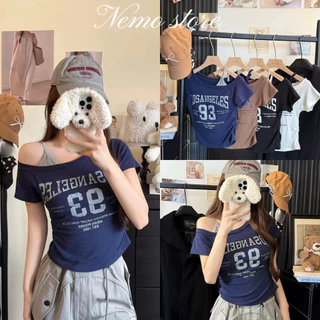 Nemo store🌸#FY722 เสื้อแขนสั้นเปิดไหล่ ดีเทลสกีนตัวหนังสืดเท่ๆ เสริมฟองน้ำ
