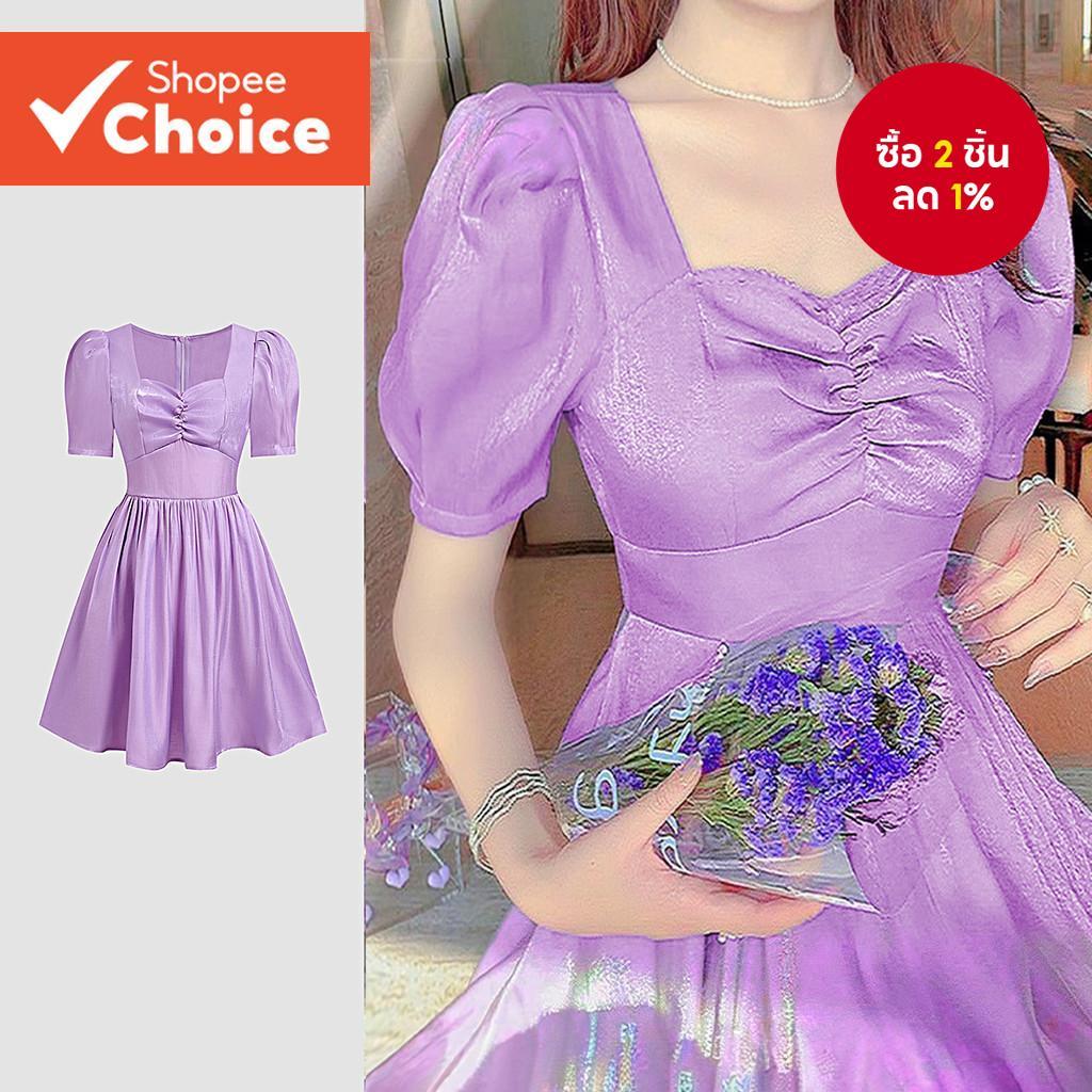 B134-JUN25-A-1-ชุดเดรสแขนสั้นคอหัวใจผ้าฝ้ายสีทอง-DRB134PBD045