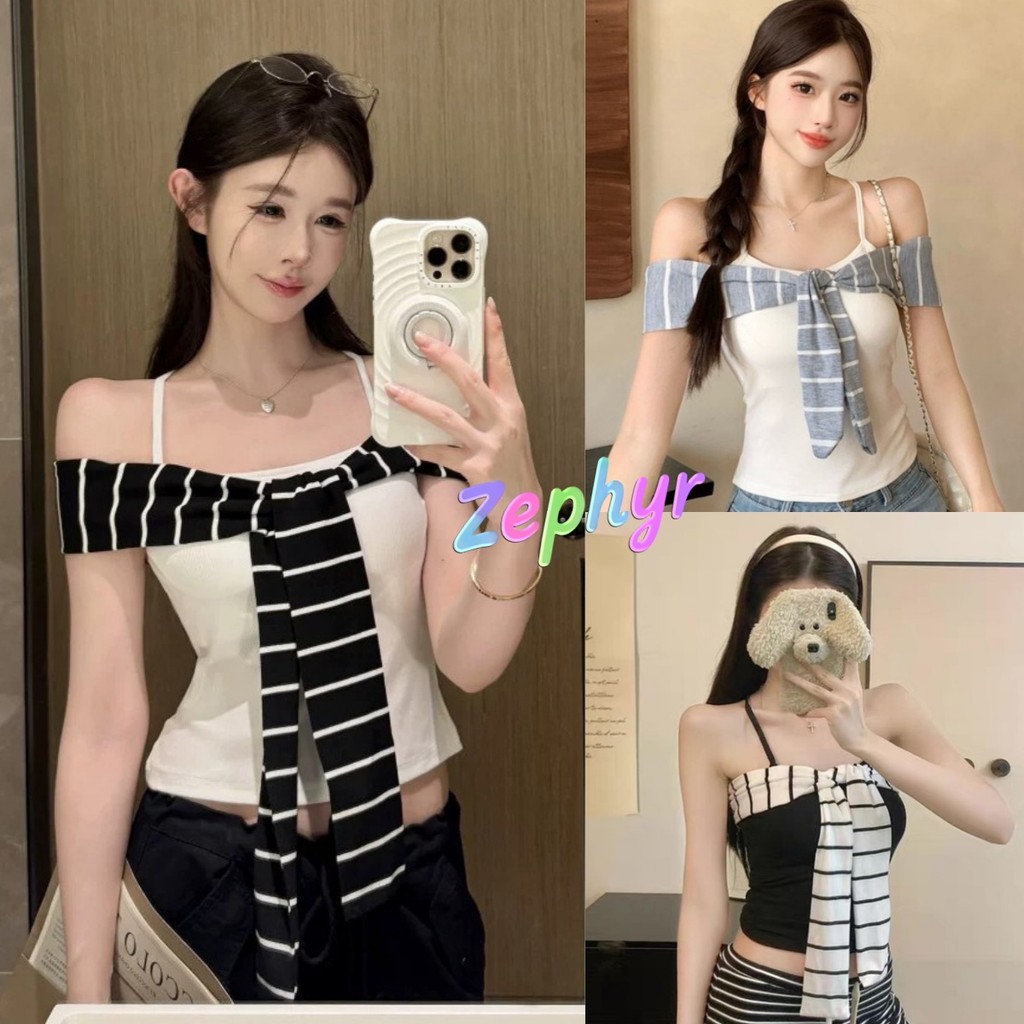 Zephyr-เสื้อกล้าม เข้ารูป เปิดไหล่ ดีเทลเพิ่มสายผูกอกลายทาง เสื้อแขนกุด สไตล์เกาหลี มีฟองน้ำ ใส่สบาย