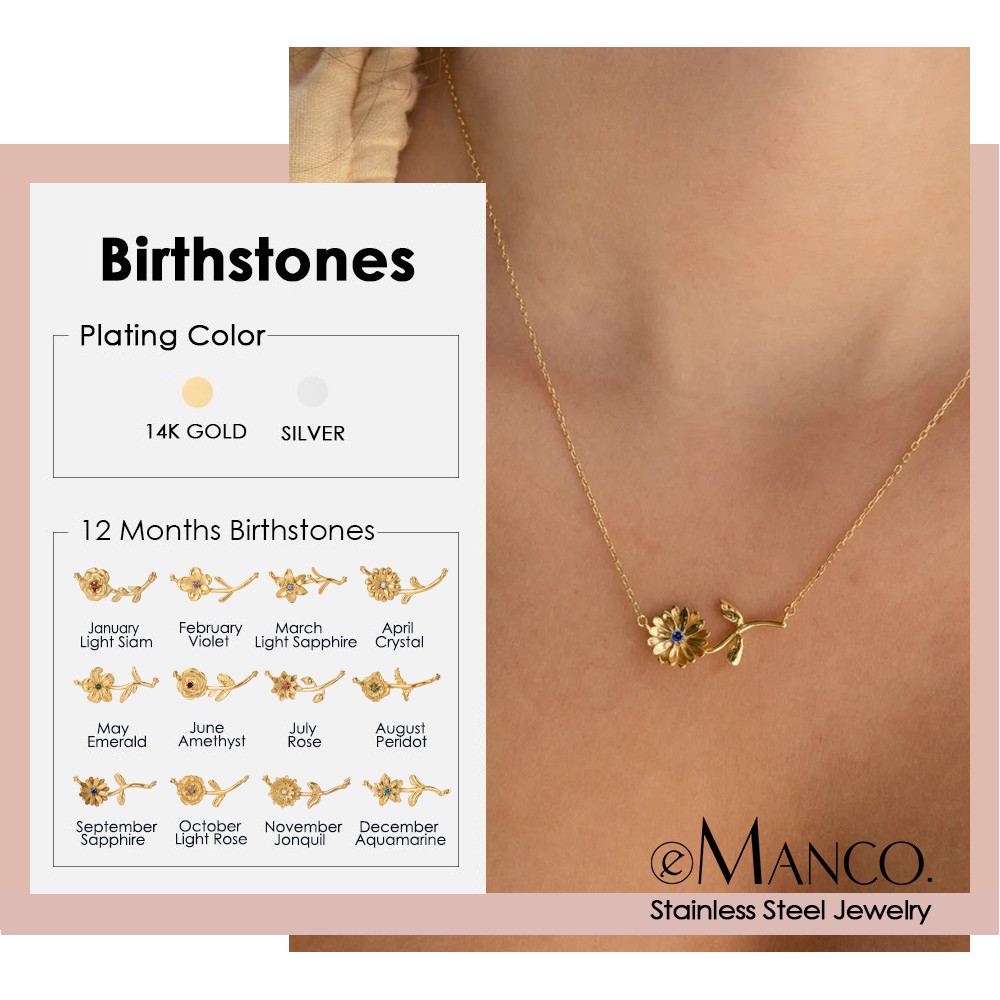 สร้อยคอดอกไม้ EManco แบบเรียบหรูกึ่ง.birthstone ทำจาก14K สแตนเลสสตีล เหมาะสำหรับใส่ในออฟฟิซและการมอบเป็นของขวัญวันเกิด