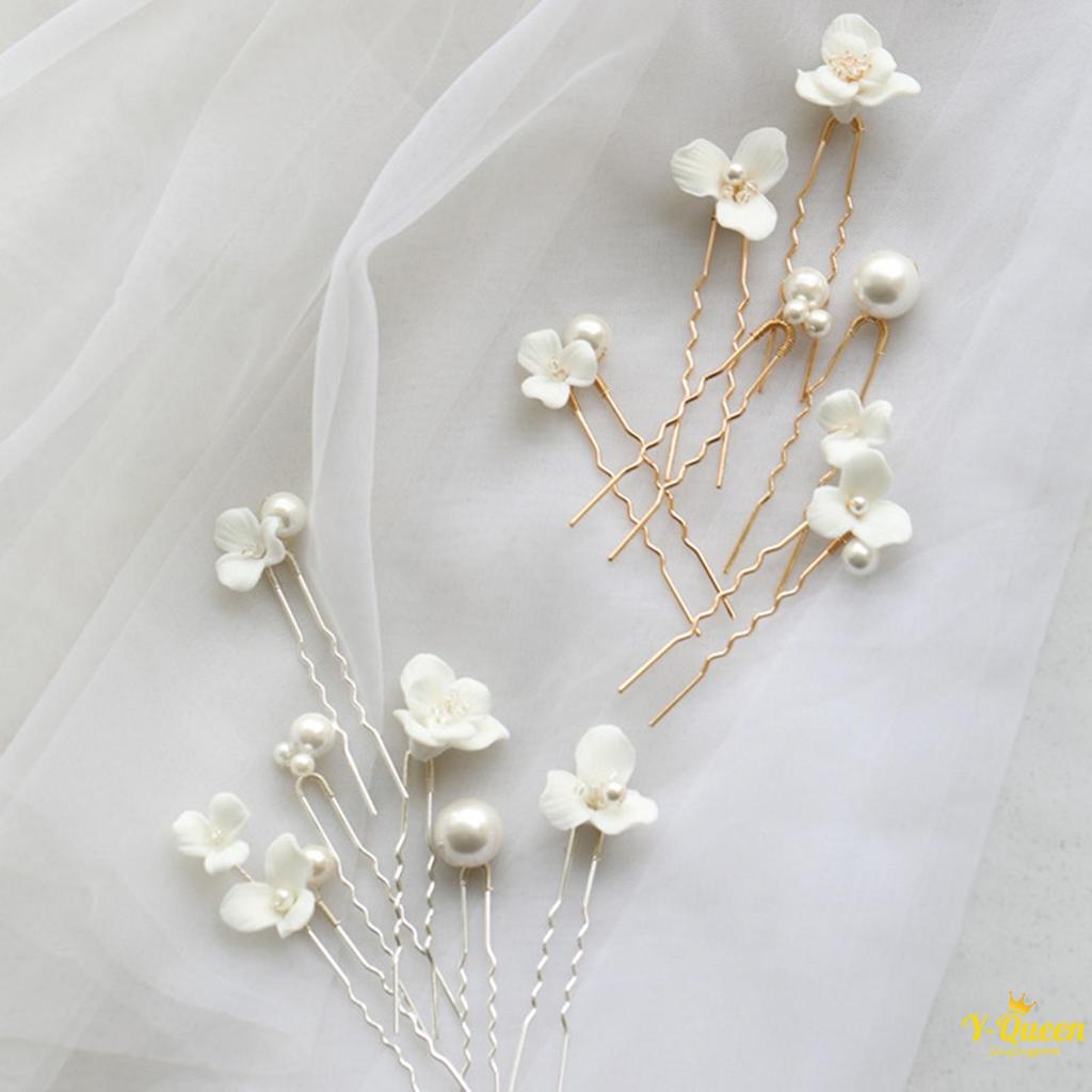 6PCS Handmade Pearl U-Shape Hairpin เซรามิคดอกไม้หญิง Elegant Hairpin สําหรับเทศกาลงานแต่งงาน Head Decor