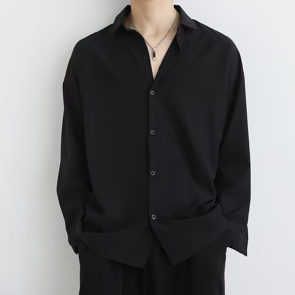 เสื้อเชิ้ตผู้ชาย แขนยาว ทรงหลวม สบาย สไตล์เรียบง่าย และให้ความเย็น