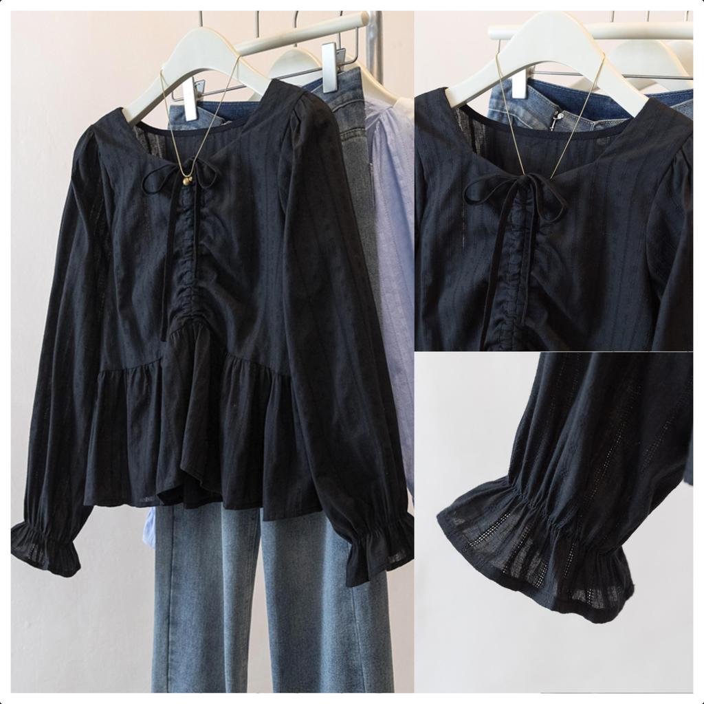 Chili Koko เสื้อเชิ้ตลูกไม้ผูกเชือกคอวีสไตล์ฝรั่งเศสสำหรับผู้หญิง เสื้อเชิ้ตแขนยาวสีดำผ้าแจ็คการ์ดโปร่งสไตล์อ่อนโยน99253