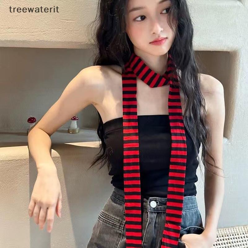 TR ผู้หญิงผ้าพันคอผ้าฝ้าย Y2k สีดําสีแดงลายผ้าพันคอยาว 180 ซม.บางยาวตกแต่ง Neckerchief แฟชั่น Street