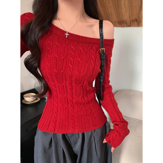 Moses Queen เสื้อถักไหล่เฉียงสไตล์เกาหลีลายเกลียววินเทจ โชว์ไหล่ ผอมเพรียว ใส่เป็นเสื้อชั้นในได้ง่าย