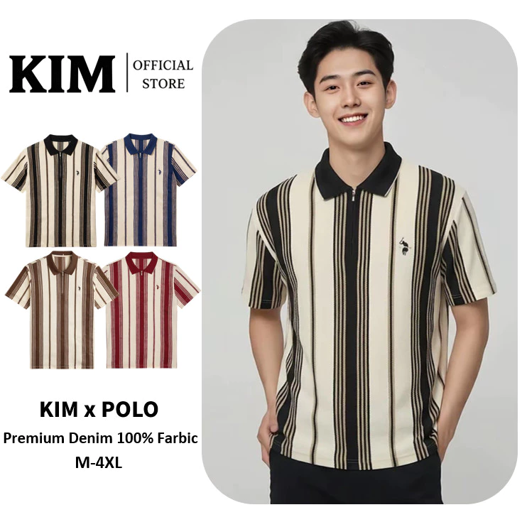 Vertical Stripe Zip Polo Shirt เสื้อโปโลลายทางแนวตั้งผู้ชายคอซิปครึ่งตัวแขนสั้น ผ้าพิกเก้ระบายอากาศ มี4สีคลาสสิก Size M-4XL