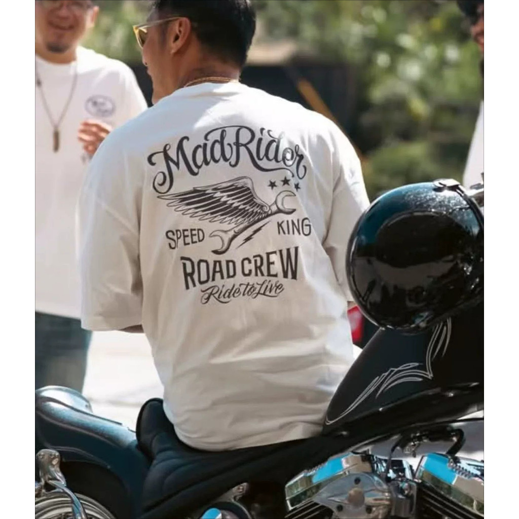 ผ้าฝ้าย 100% Street สวมใส่ MDNS Shawn Yue สไตล์เดียวกันรถจักรยานยนต์พิมพ์แขนสั้นเสื้อยืดผู้ชายหลวมรอ