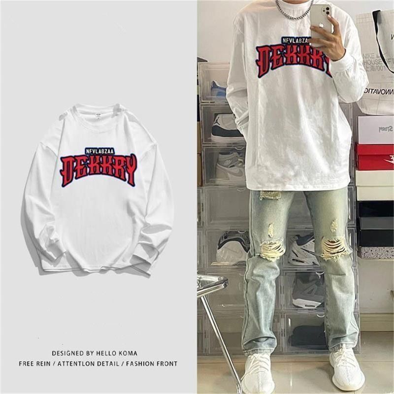 ฤดูใบไม้ร่วง Street Wear อินเทรนด์อเมริกัน oversize High-End เสื้อยืดแขนยาวผู้ชาย Casual Letter พิมพ