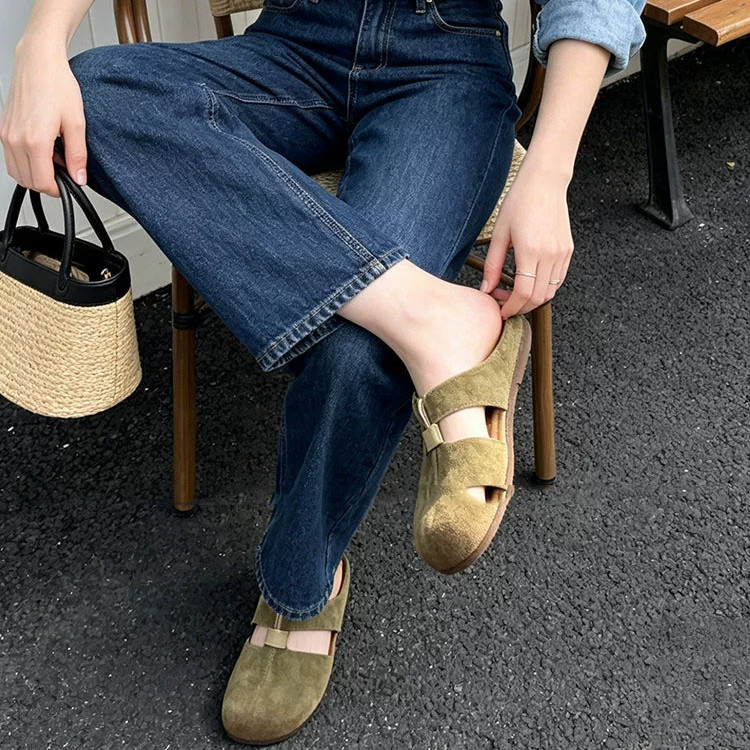 Retro Boken รองเท้าล่อหัวปิดสําหรับผู้หญิง,2026 Summer New Model,Faux Suede Hollowed-Out Round-Toe S
