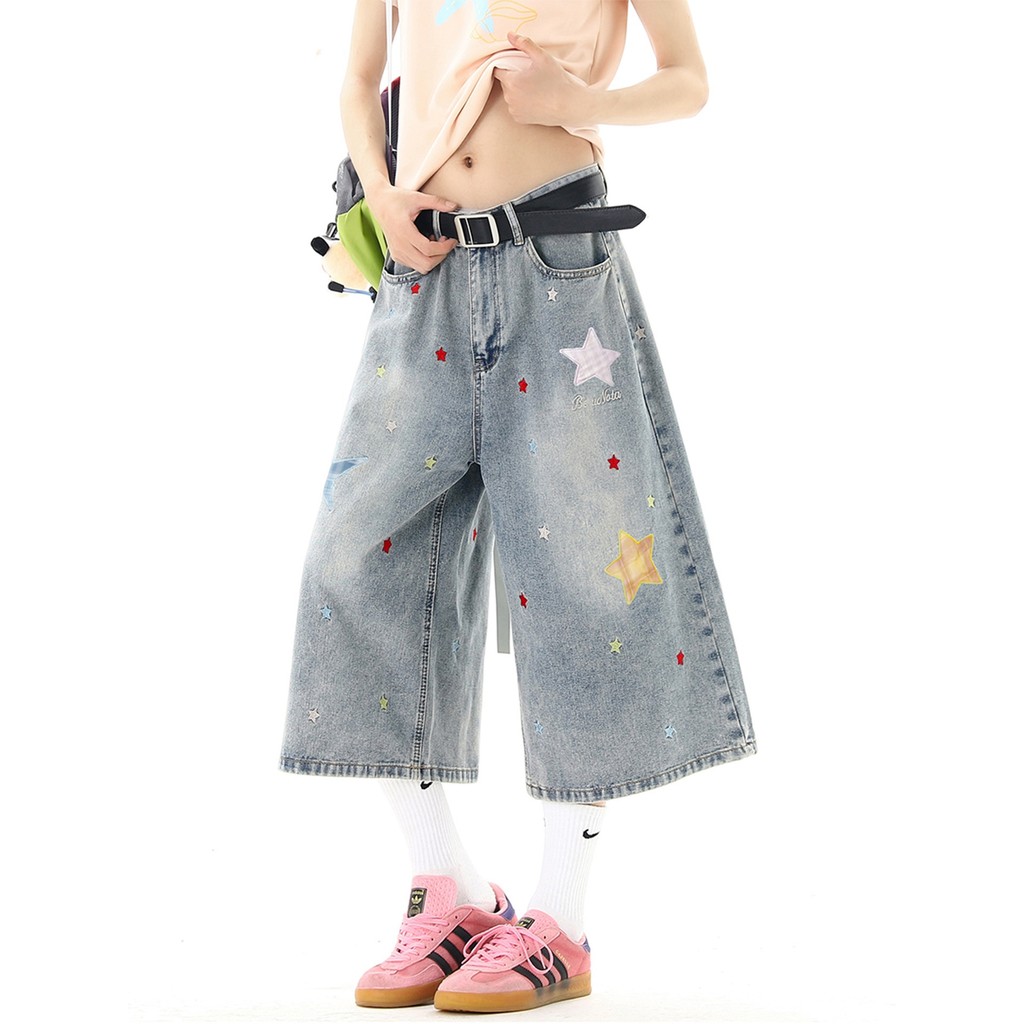 กางเกงยีนส์ขายาว jinn jeans American Dopamine Star Patch Denim Cropped Pants ผู้ชายผู้หญิง 2026 Summ