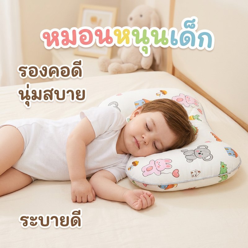หมอนเด็ก หมอนหนุนคอ รองรับศีรษะ กระดูกคอ หนานุ่ม ไม่ยุบ ระบายอากาศ สองด้าน ลายการ์ตูน ซักได้