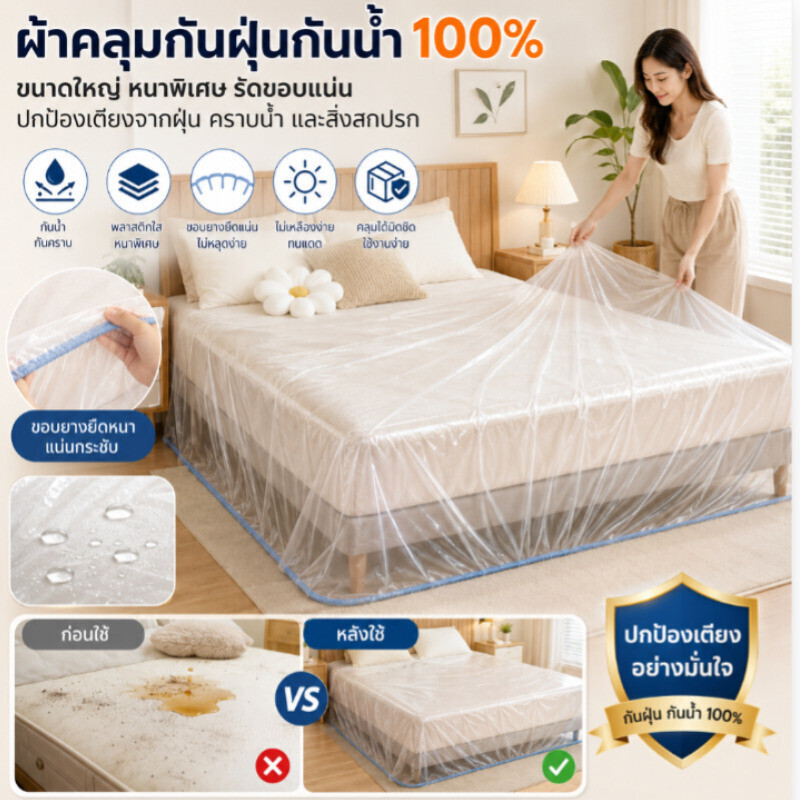 🔥🔥[กันน้ำกันฝุ่น 100%] ผ้าคลุมเฟอร์นิเจอร์ PPH ขนาดใหญ่หนา / ผ้าคลุมเตียงโซฟามีเชือกรูดปิดผนึก / ผ้าคลุมป้องกันสิ่งสกปรกเครื่องใช้ไฟฟ้าในบ้าน