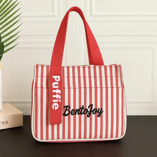 Puffie พร้อมส่ง กระเป๋าโท้ทผ้าแคนวาสลายทาง มีซิปช่องนอก ใส่กล่องข้าว ขวดน้ำ จุของเยอะ ใช้ทุกวัน